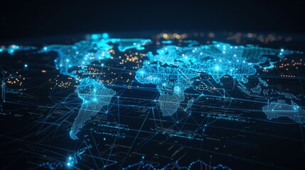 Obraz premium Globalization, international trade, and the interconnectedness of the global economic system are shown as interconnected lines and nodes on a world map.