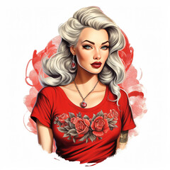 T-shirt pattern design of a pin-up girl, retro, vibrant reds, sassy, tattoo-inspired. Suitable for t-shirt or sticker ready to print. Retro-Vintage.[A-0001]