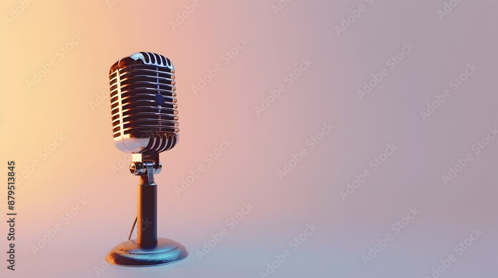 Poster retro metallic microphone in isometric 3d rendering on white background