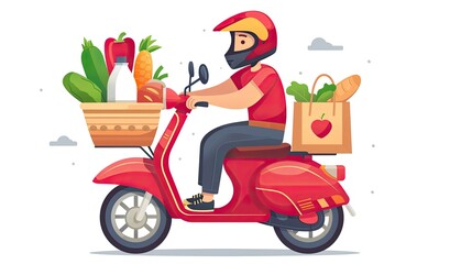 Delivery man on motorcycle wearing helmet, dressed in uniform on the motorbike on white background