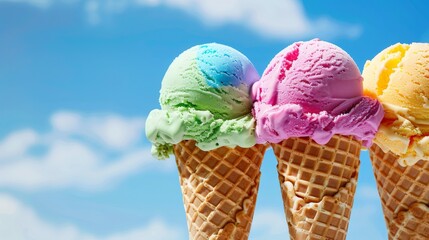 Close-up of colorful scoops of ice cream in a waffle cone against a blue sky
