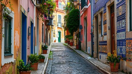 Fototapeta premium A quaint alley in Lisbon, Portugal, lined with vibrant, multicolored buildings adorned with classic Portuguese azulejos.