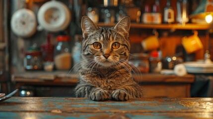 Domestic tabby cat sitting on table. High quality picture