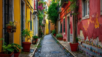A quaint alley in Lisbon, Portugal, lined with vibrant, multicolored buildings adorned with classic Portuguese azulejos.