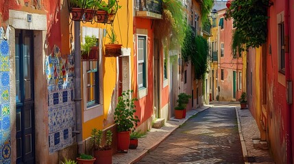 A quaint alley in Lisbon, Portugal, lined with vibrant, multicolored buildings adorned with classic Portuguese azulejos.