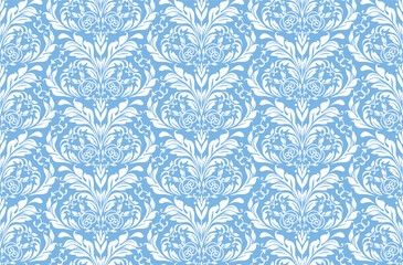 Floral pattern. Vintage wallpaper in the Baroque style. Seamless vector background. White and blue ornament for fabric, wallpaper, packaging. Ornate Damask flower ornament