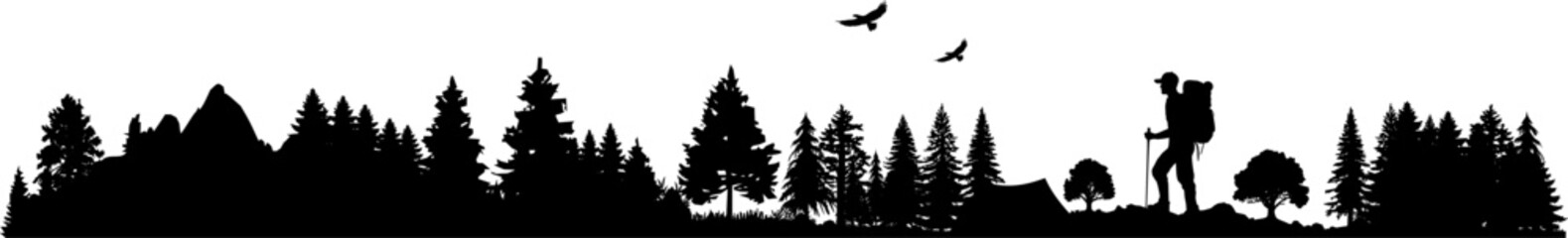 Fototapeta premium Vektor Silhouette - Wanderer in der Natur Outdoor - Bäume und Wälder und Berge - Wanderweg