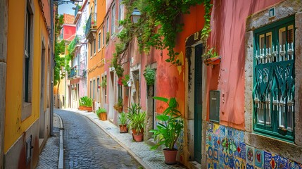 Fototapeta premium A quaint alley in Lisbon, Portugal, lined with vibrant, multicolored buildings adorned with classic Portuguese azulejos.