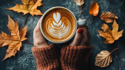 A top view of a woman holding a dark-colored cup of coffee with latte art surrounded by autumn leaves.