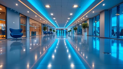 Fototapeta premium Modern office buildings with energy-efficient LED lighting and smart climate control systems, reducing environmental impact.