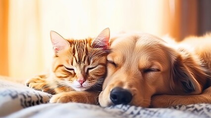 Cat and dog sleeping together