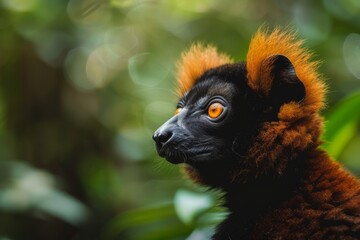 Stunning view of a red-furred lemur navigating through dense, lush foliage of a tropical forest, with a focused look and vibrant surroundings.
