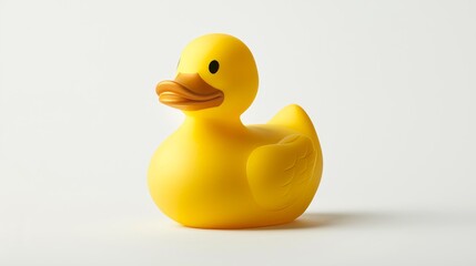 A close-up and cinematic shot of a vibrant yellow rubber duck depicted on a white background.