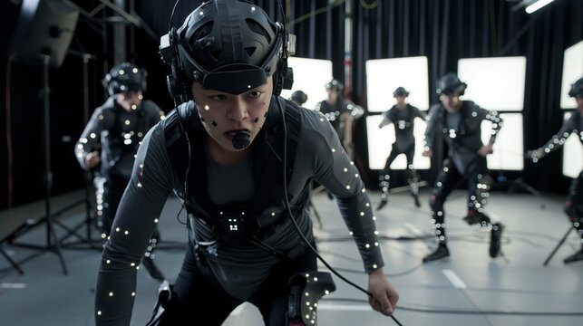 Focused actor in a motion capture suit performing in a studio with reflective markers