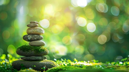 Obraz premium Green leaves and bright sunlight frame a stack of smooth, round stones. AIG555.
