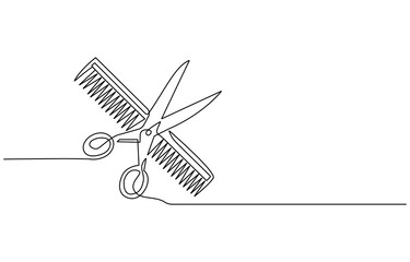 Scissors and comb business icon. Continuous thin line drawing. Vector illustration, Scissor and comb continuous one line drawing vector illustration, One continuous line drawing of comb and scissor.