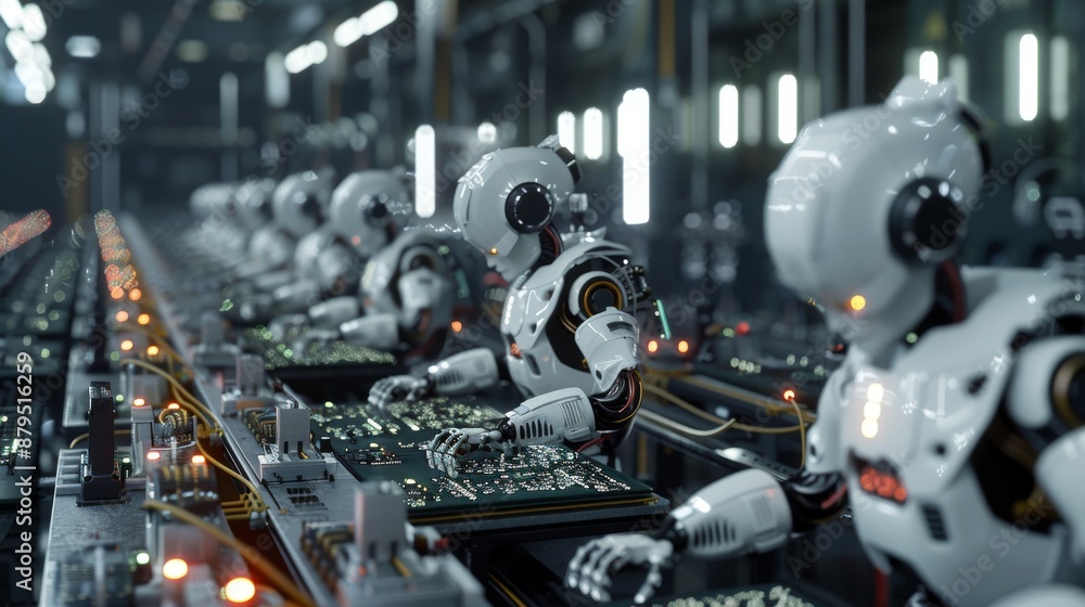 Poster aigt2. background image of smart robot in a high-tech manufacturing assembly production line. roboti