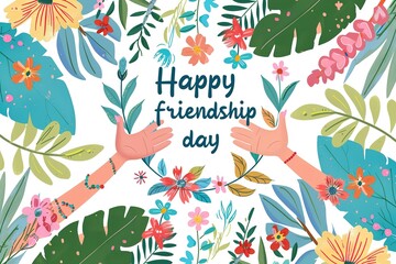 Happy Friendship day colorful typography vector illustration with cute hearts and friendship elements on a blue background. Friendship day poster, banner, greeting card template design.