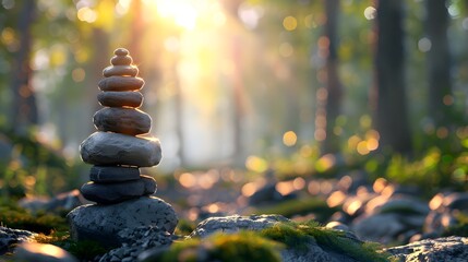 Obraz premium A serene forest scene with sunlight filtering through the trees, illuminating stones stacked on top of to form a peaceful zen tower, balance and harmony in nature.
