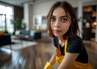 Girl Cleaning Apartment in Front of Window