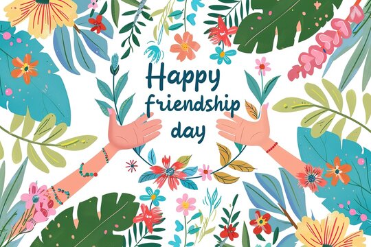 Happy Friendship day colorful typography vector illustration with cute hearts and friendship elements on a blue background. Friendship day poster, banner, greeting card template design.