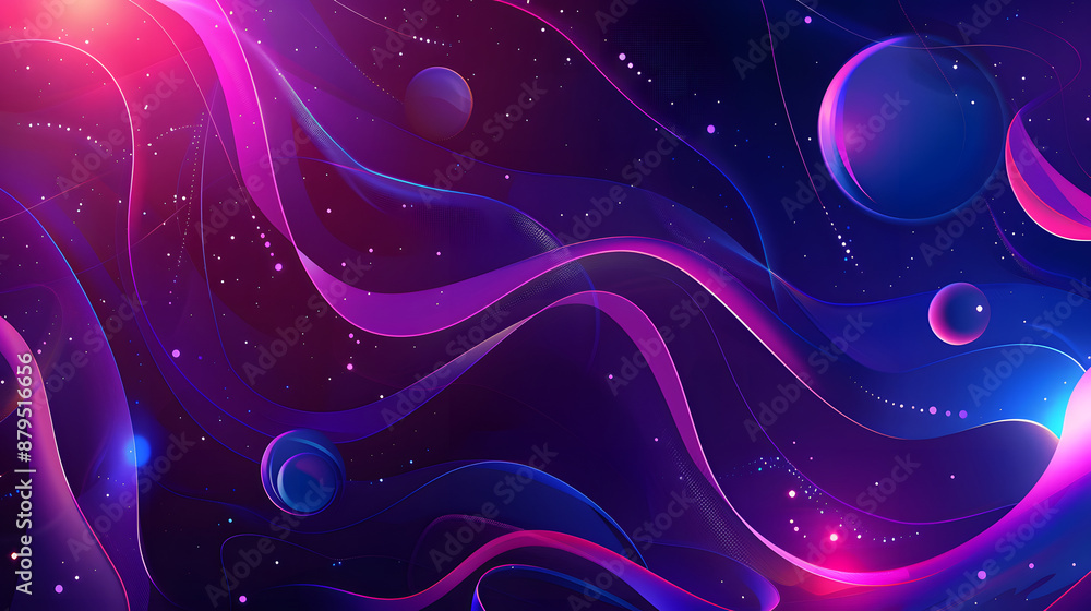 Poster vector illustration of abstract fluid design with wavy shapes and neon elements on a dark background