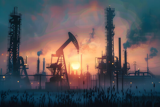 Black oil factory at sunset, conceptual animation,