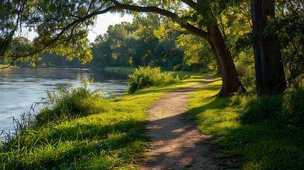 Obraz premium A serene scene of an outdoor trail along a riverbank, with lush green grass and trees lining both sides. The well-maintained path is for walking or running.