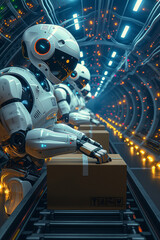 Fototapeta premium A futuristic robot is preparing a box in front of the interface. A spaceship in space with an astronaut. Illustration of elements of technology, transportation and industry.