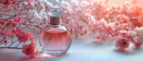 Luxury glass or crystal perfume bottle with flowers background.