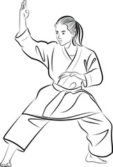 Girl in karate pose, Hand drawn in thin line style