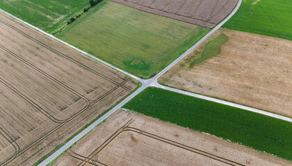 Aerial view of brown and green agricultural fields with a road through