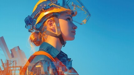 Obraz premium Female Construction Worker in Safety Gear Overlooking Construction Site with Blue Sky Background