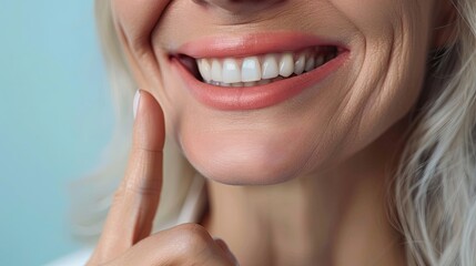 Obraz premium smiling old age woman pointing to corner of her mouth, copy space. Dental care. Dentistry concept.
