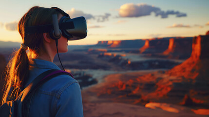 Fototapeta premium Young woman exploring a scenic landscape using a virtual reality headset during sunset.