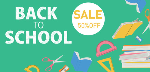 Sale banner for back to school event. Hand drawn School supply knowledge concept 