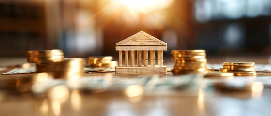 Miniature bank building surrounded by gold coins and blurry background, representing finance, savings, investments, and banking concepts.