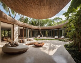 Obraz premium Modern Curved Villa with Infinity Pool in Tropical Setting