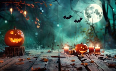 Halloween background with jack o lantern and pumpkin on wooden table in dark forest, full moon light and candles. Halloween concept