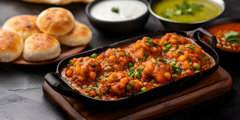 Sizzling pav bhaji platter with mashed veggies fragrant spices buttered pav. Concept Indian Cuisine, Street Food, Spicy Delights, Comfort Food, Vegetarian Delicacies