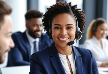 Portrait of smiling african american customer care service with headset attending calls in office. Black mature telemarketing agent working in call center and looking at camera with copy space