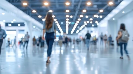 Woman walking through busy conference center hall with crowds of business people. Event, trade show, exhibition, industry, professional networking, and corporate concept.