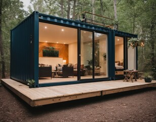 Fototapeta premium Modern shipping container tiny house in a forest