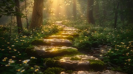 Obraz premium An ancient stone pathway meandering through a dense forest canopy, dappled with the golden hues of morning light piercing through the leaves.