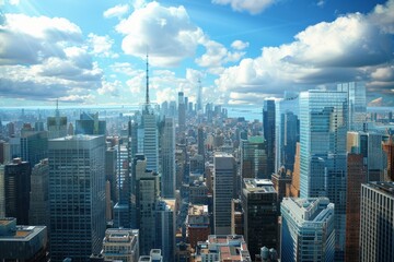 Fototapeta premium The new york city skyline is breathtaking on a sunny day with puffy white clouds