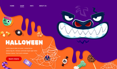Halloween landing page or holiday website template with monsters, vector background. Halloween horror night and trick or treat candy sweets, skull and spider in spiderweb for landing page layout