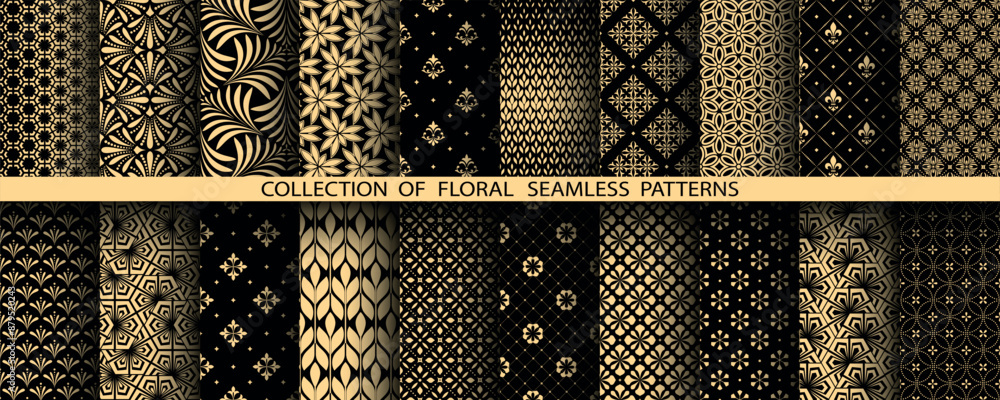 Poster geometric floral set of seamless patterns. golden and black vector backgrounds. damask graphic ornam