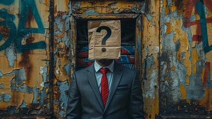 A businessman wearing a suit and tie wears a paper bag with a large question mark drawn on it, representing confusion or anonymity.
