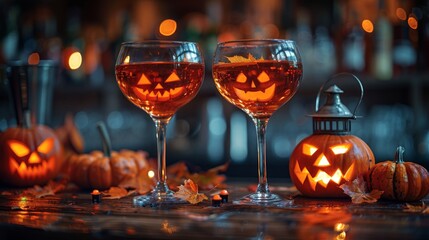 The bar counter is decorated with carved pumpkins, lanterns, and pumpkin martinis, creating a festive and spooky atmosphere.