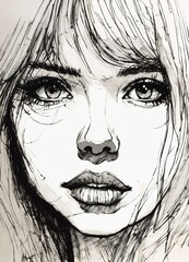 Scratchy pen strokes, blind contour, fisheye perspective closeup, beautiful girl, s face in darkness, sketch portrait Girl